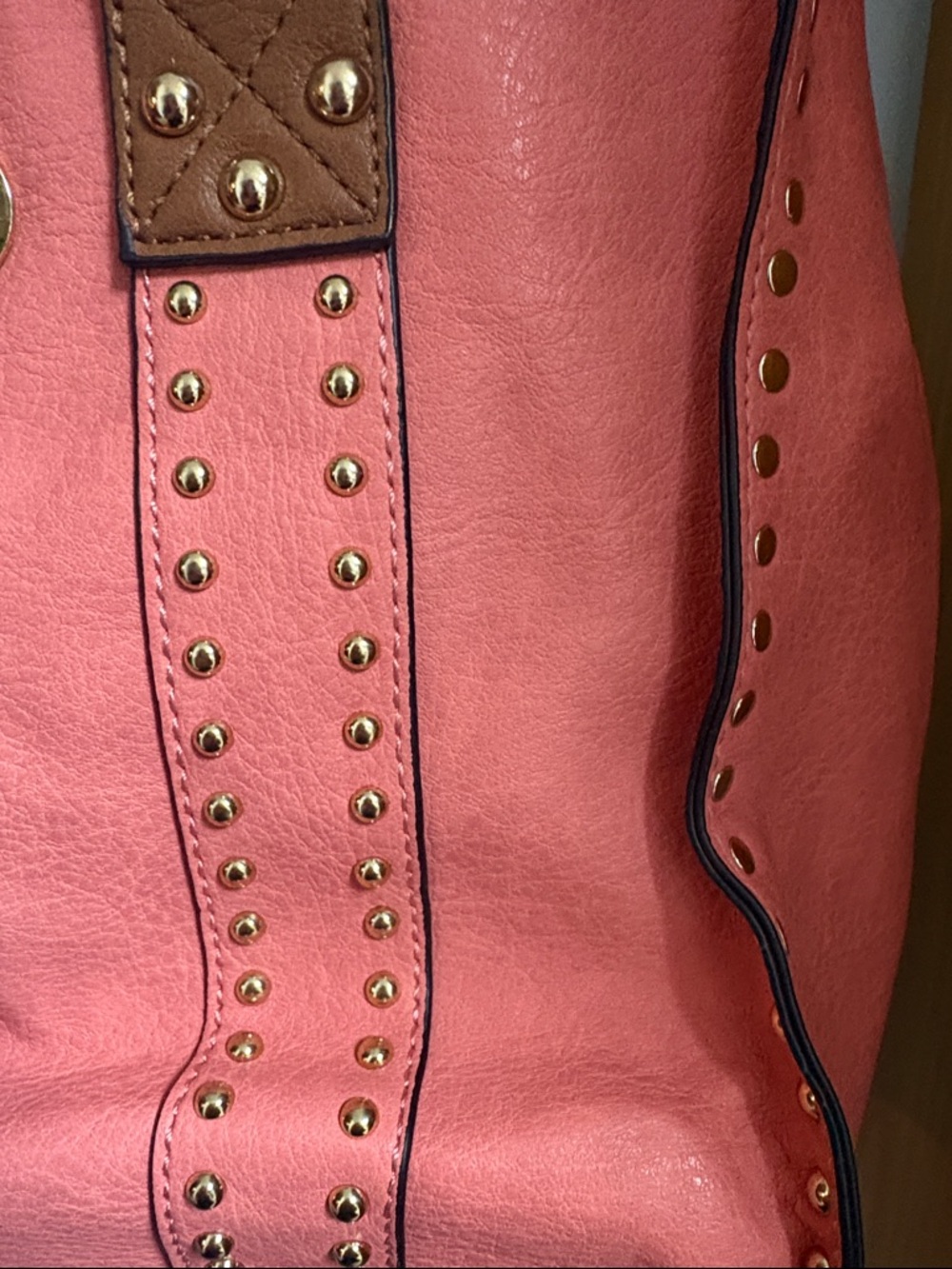 Coral Studded Tote with Brown Handles and Matching Pouch - Picture 4 of 7